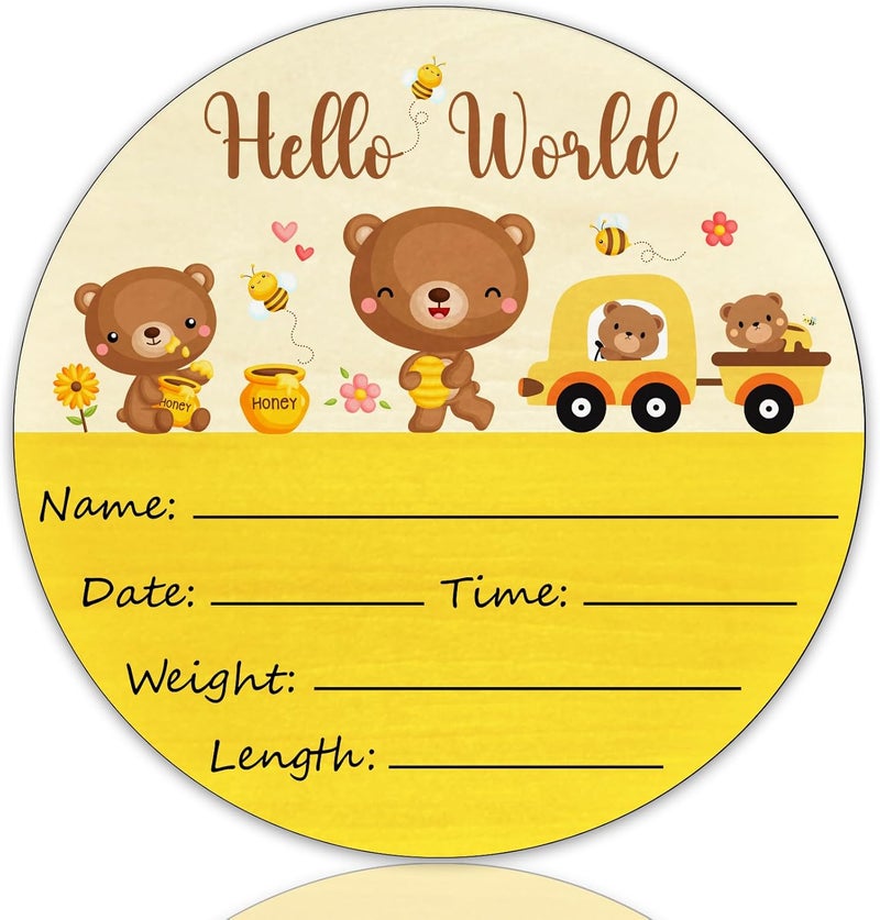 CLHHM Bear Baby Name Announcement Sign Hello World Newborn Sign wooden Newbaby Gifts Nursery Wall Décor 5.9 Inch Baby Stats Board - Image 1